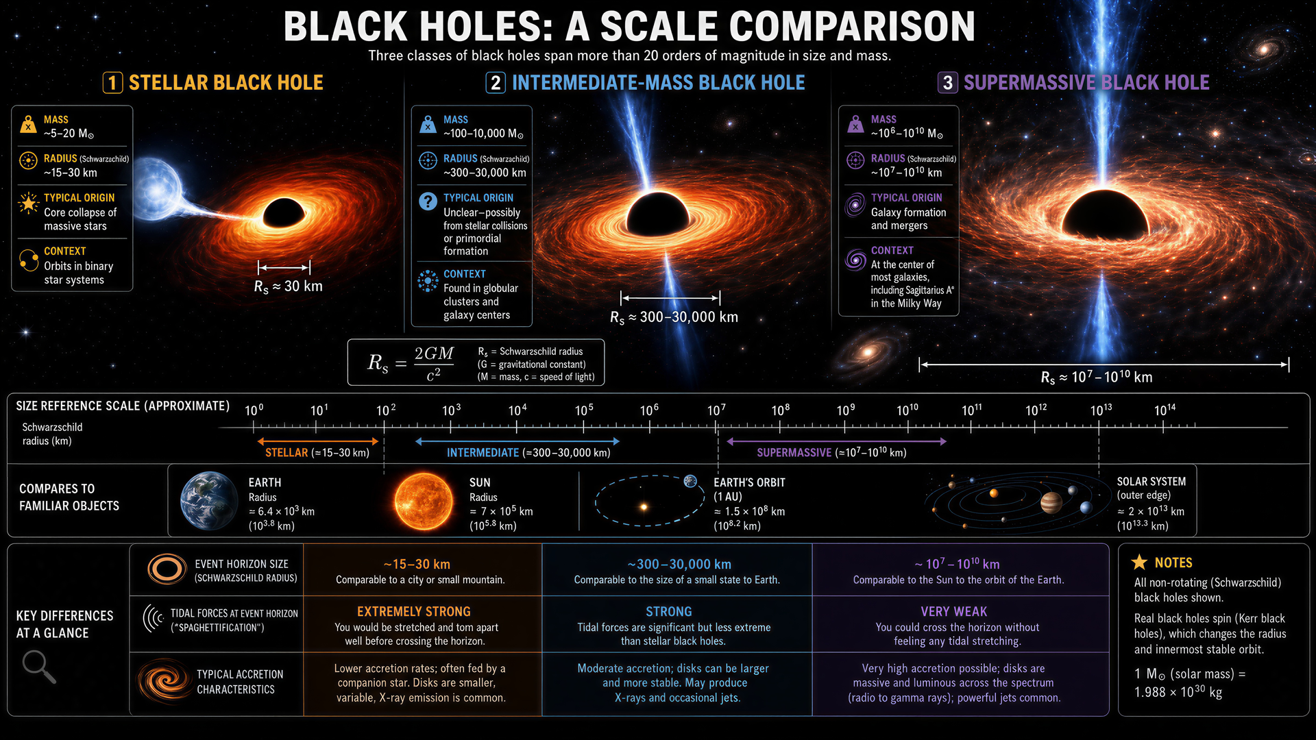 Black holes scale comparison: stellar, intermediate-mass, and supermassive with Schwarzschild radii