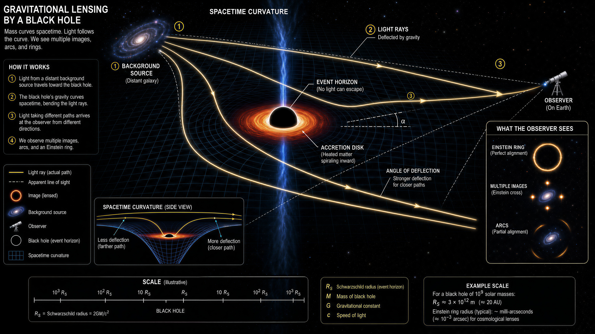 Gravitational lensing by a black hole: light ray paths, Einstein ring, and spacetime curvature